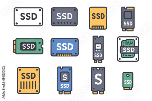 Colorful collection of ssd icons in various styles and designs.