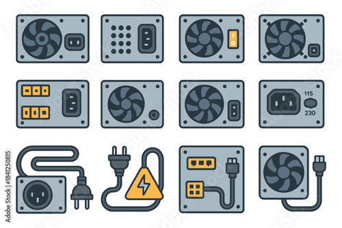 Set of cartoon computer power supply units and electrical connectors.