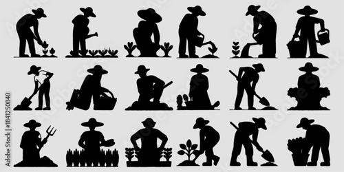 Country people crouching, farmers gardeners florists flower growers and editable line drawings in vector