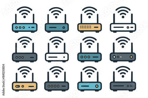 Set of diverse wifi routers with wireless signal symbols.