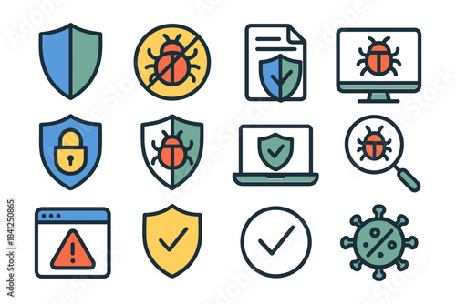Cybersecurity and antivirus icons for protection and threat detection.