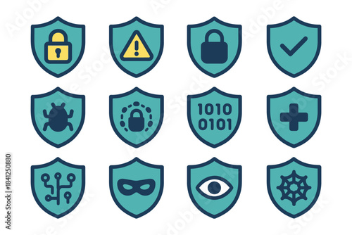 Cybersecurity icons set: lock, warning, checkmark, malware, code, eye, shield designs.