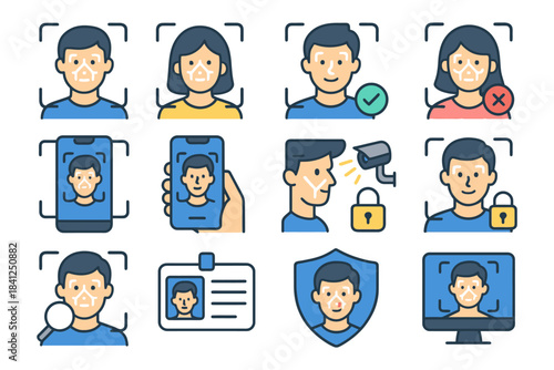 Facial recognition technology icons with male and female characters.