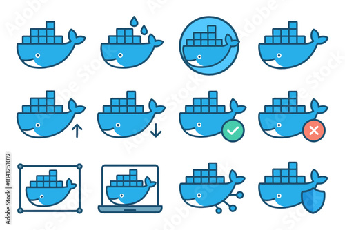 Docker whale icons: container, cloud, network, security, scale.