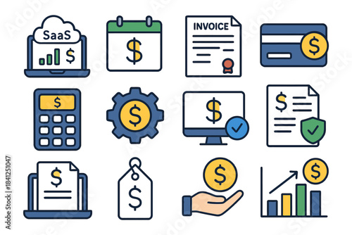 Financial technology icons: saas, invoice, payment, calculator, analytics.