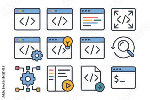 Web development icons set featuring code, ideas, tools, and analysis.
