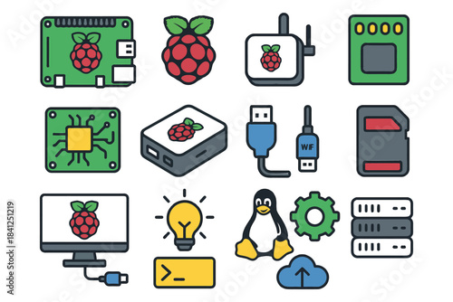 Raspberry pi components and accessories with icons showing technology gadgets.
