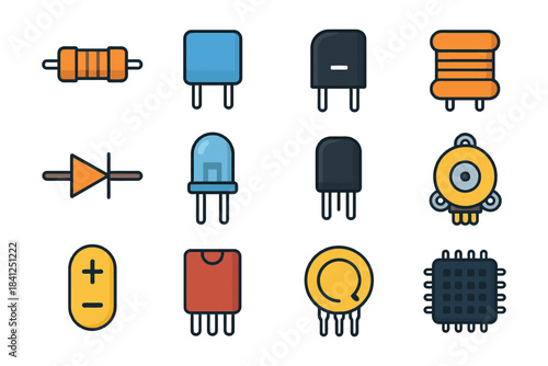 Colorful icon set of electronic components including resistors and microchips.
