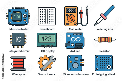 Electronics components collection: microcontroller, breadboard, multimeter, soldering iron, arduino.