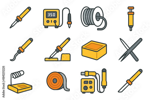 Soldering tools and equipment icons set for electronics repair.