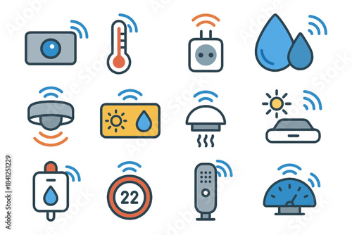 Smart home icons set including thermostat, camera, water droplet, plug, and remote controls.