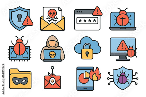 Cybersecurity threats: malware, phishing, hacking icons collection.