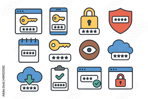 Secure password protection icons displaying keys, locks, and shields.