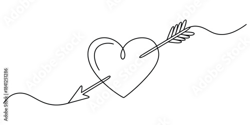 One line drawing of heart pierced by cupids arrow white