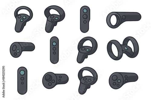 Variety of virtual reality controllers on white background.