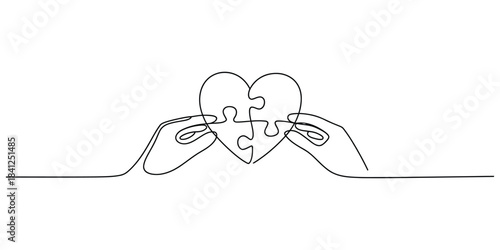 One line drawing hands connecting two puzzle pieces forming a heart shape