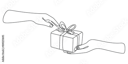 One line drawing of hands giving or receiving a gift box