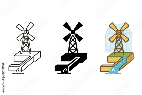 Stylized Windmill Water Pump. Windmill-style pump transferring water through narrow canal system, first in line style with thin