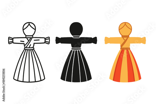 Corn Husk Doll Styles. Traditional corn husk doll with outstretched arms and woven skirt, first in line style with thin outline,