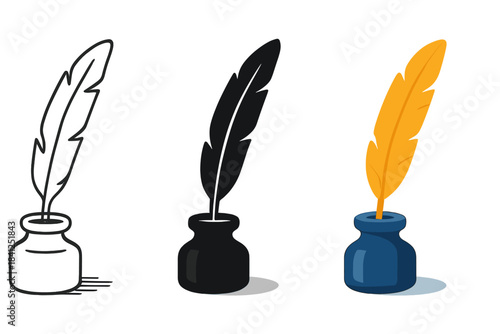 Quill in Ink Pot. Feather quill standing upright in ink pot casting soft shadow on surface, first in line style with thin outline,