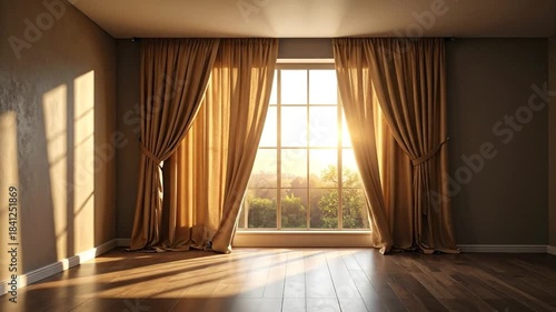 Golden Curtains and Sunlight Streaming Through Window
