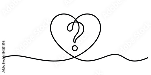 Continuous line drawing of heart with question mark inside