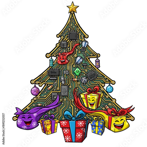 Festive circuit board christmas tree illustration adorned with happy electronic components and colorful holiday gifts