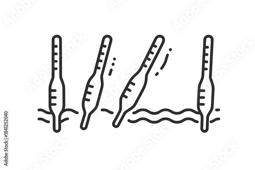 Hydrometer Dance Icons. Line style icon of multiple hydrometers in a sequence showing motion, representing proofing hydrometer