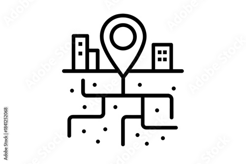 Subterranean Map Icon. Line style icon of a map pin pointing to a subterranean area in a city, representing subcutaneous city map,