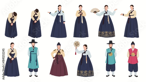 Traditional Korean clothing hanbok illustrations for cultural projects