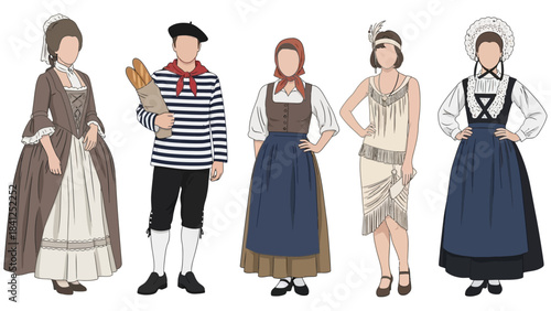 Vintage fashion styles from different eras and cultures on display