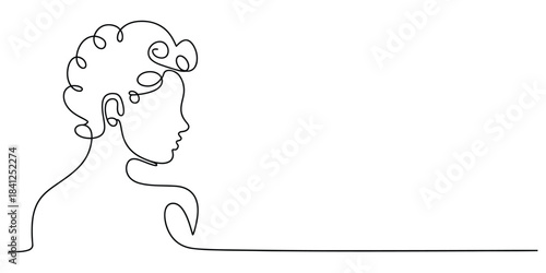 Minimalist continuous line drawing of a persons profile with curly hair