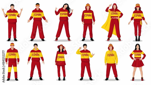 Diverse group of people wearing red and yellow España tracksuits