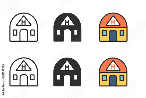 Minimal Shelter Icons. Minimal emergency shelter with rounded roof and small windows, simple vector icon, first in line style with