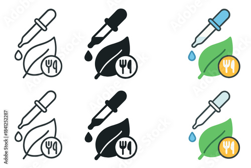 Leaf Testing Vector Icons. Leaf sample with dropper testing for edibility, minimal vector icon, first in line style with thin