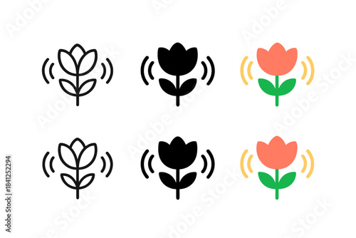 Sound-Emitting Flower Icons. Flower with open petals emitting visible sound waves, minimal vector icon, first in line style with