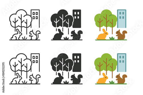 Urban Green Corridor. Urban green corridor with connected trees and small animal silhouettes, simple minimalist vector