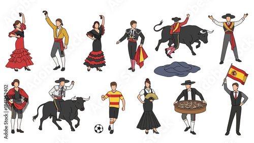 Vibrant Spanish culture illustrations with people dancing, bullfighting, and soccer