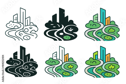 Futuristic Urban Design. Futuristic urban plan with flowing roads, parks, and symbiotic ecological nodes, abstract minimalist