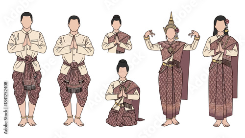 Traditional Thai people in cultural attire performing respectful gestures