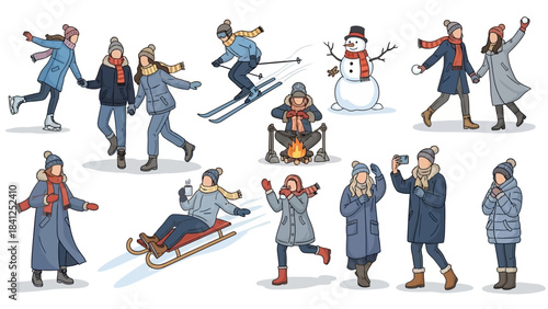 People enjoying winter activities together in snowy landscape