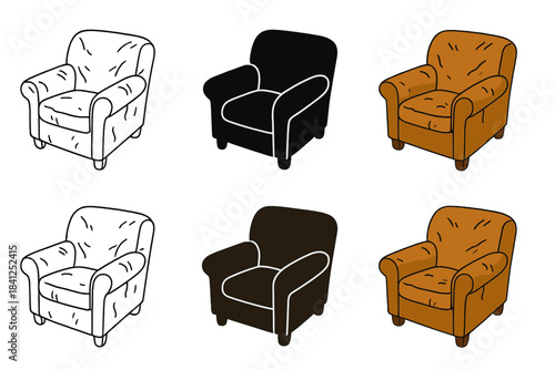 Leather Armchair Styles. Worn leather armchair angled to show armrests and soft padding, abstract minimal vector illustration,
