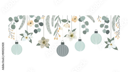 Festive Ornaments with Greenery: A minimalist design, delicate flowers and leaves with subtle ornaments bring a gentle touch of the festive spirit, creating an atmosphere of cozy celebration