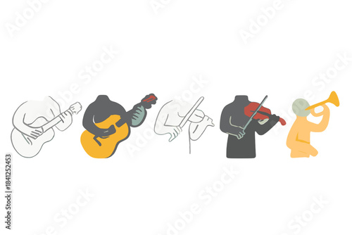Invisible Music Art. Invisible limbs represented as translucent silhouettes playing musical instruments, minimal vector icon,