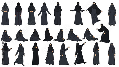 Diverse set of Muslim women in various niqab poses and outfits