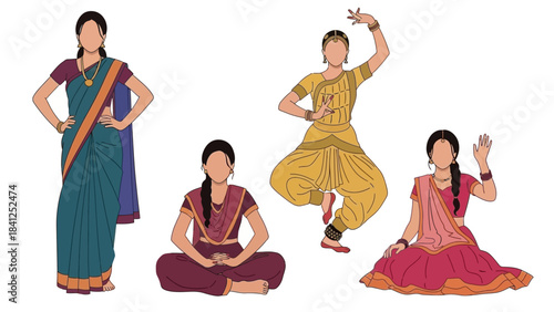 Women in traditional Indian attire performing various dance poses and meditation