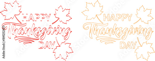 Happy thanksgiving day text design with maple leaves in red and gold outline style