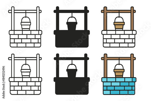 Wooden Bucket Icon. Wooden bucket suspended in a stone well with rope, minimal vector icon, first in line style with thin outline,