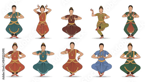 Vibrant Bharatanatyam dancers in traditional Indian attire performing dynamic poses