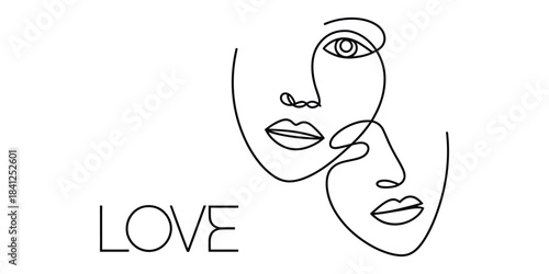 Minimalist one line drawing of two faces and the word love